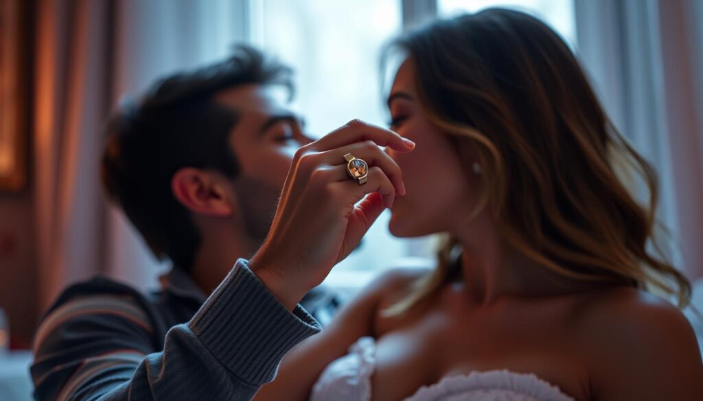 Generate an image of the Lelo Tor2 Vibrating Cock Ring being worn during intimate foreplay.