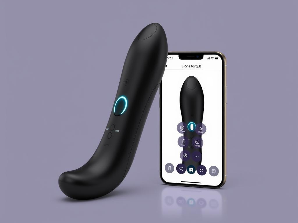 Generate an image of the Lioness Vibrator 2.0, showcasing its sleek design and accompanying app interface on a smartphone.