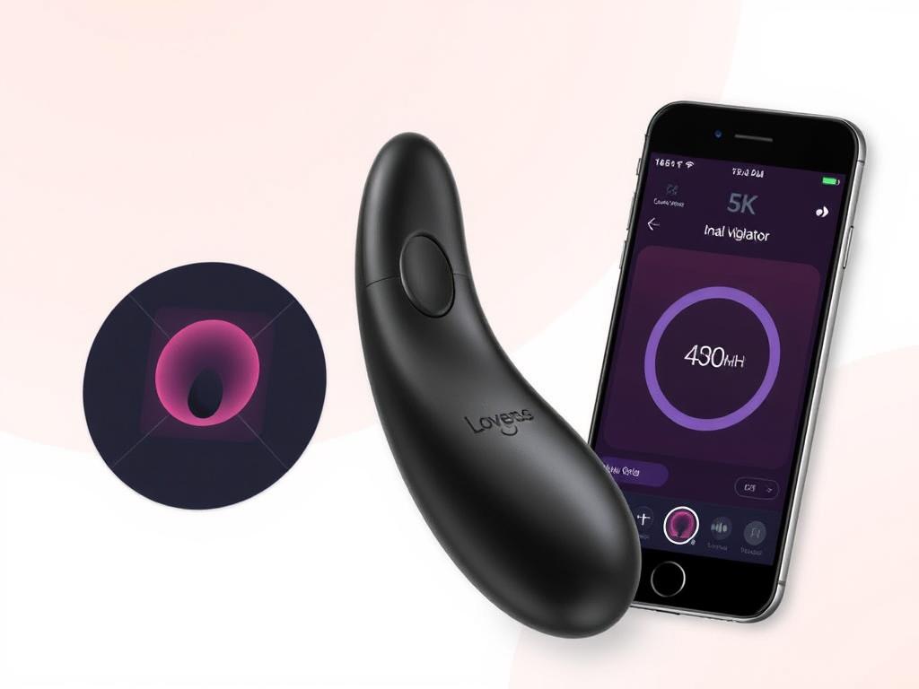 Generate an image of the Lovense Hush2 anal vibrator with its app interface on a smartphone.