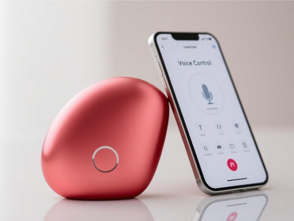Generate an image of the Lovense Max2 vibrator with its accompanying app on a smartphone, showcasing its voice control feature.