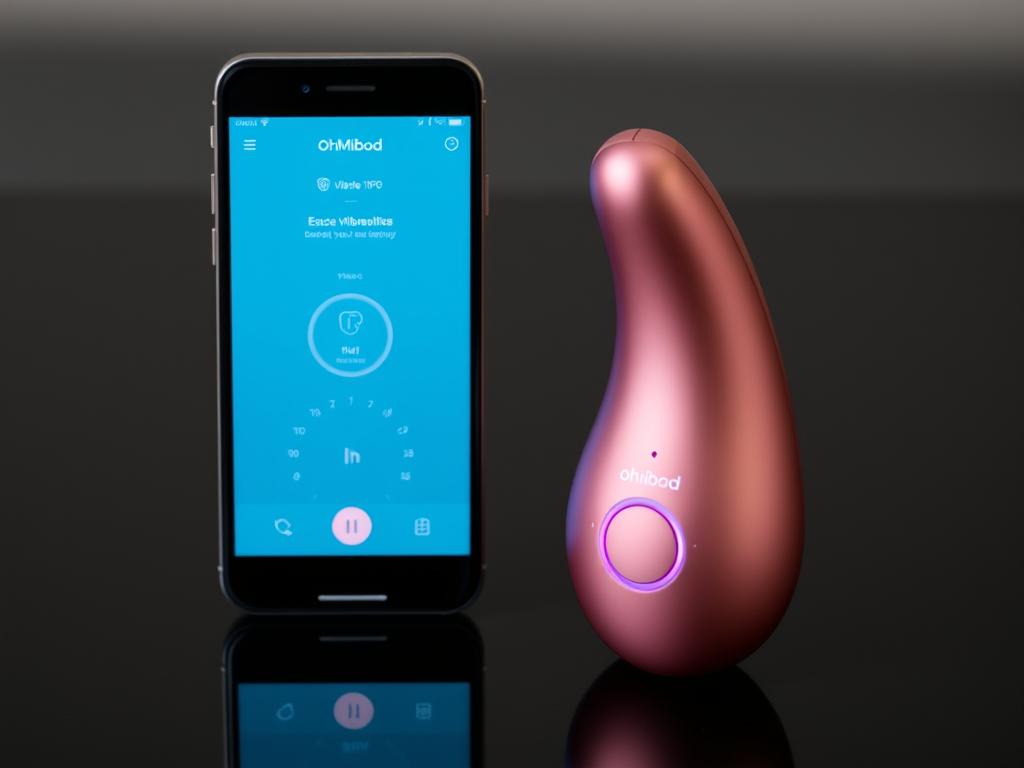 Generate an image of the OhMiBod Esca2 vibrator with its accompanying app on a smartphone, showcasing its sleek design and user interface.