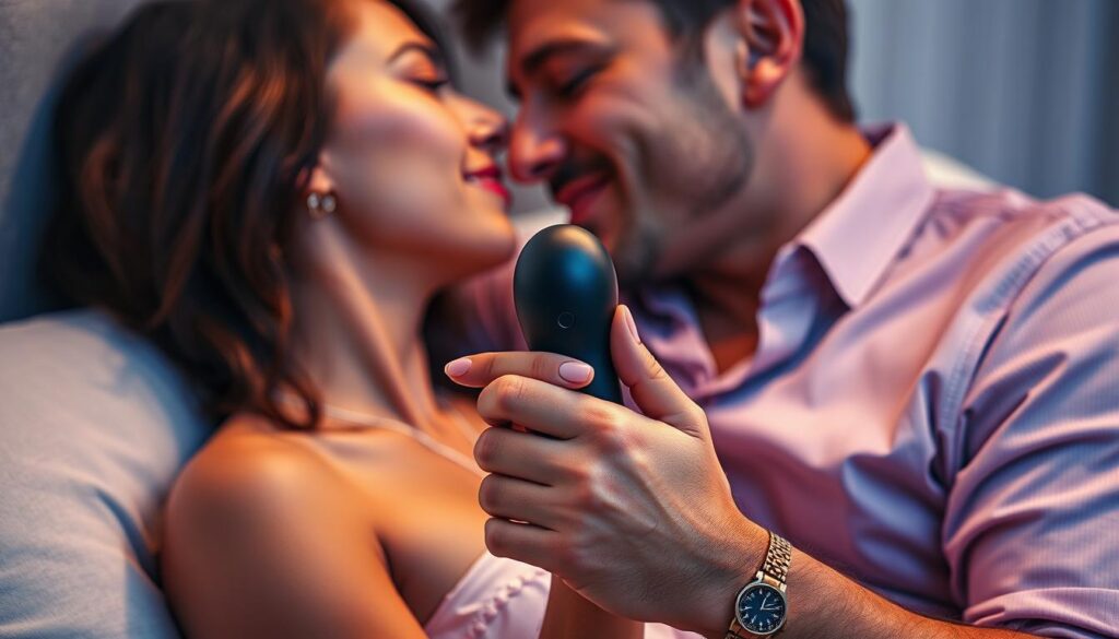Generate an image of the Paloqueth Couples Vibrator being used by a couple, focusing on the product's design and comfort.