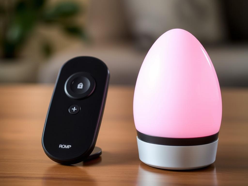 Generate an image of the ROMP Cello Vibrating Egg with its remote control.