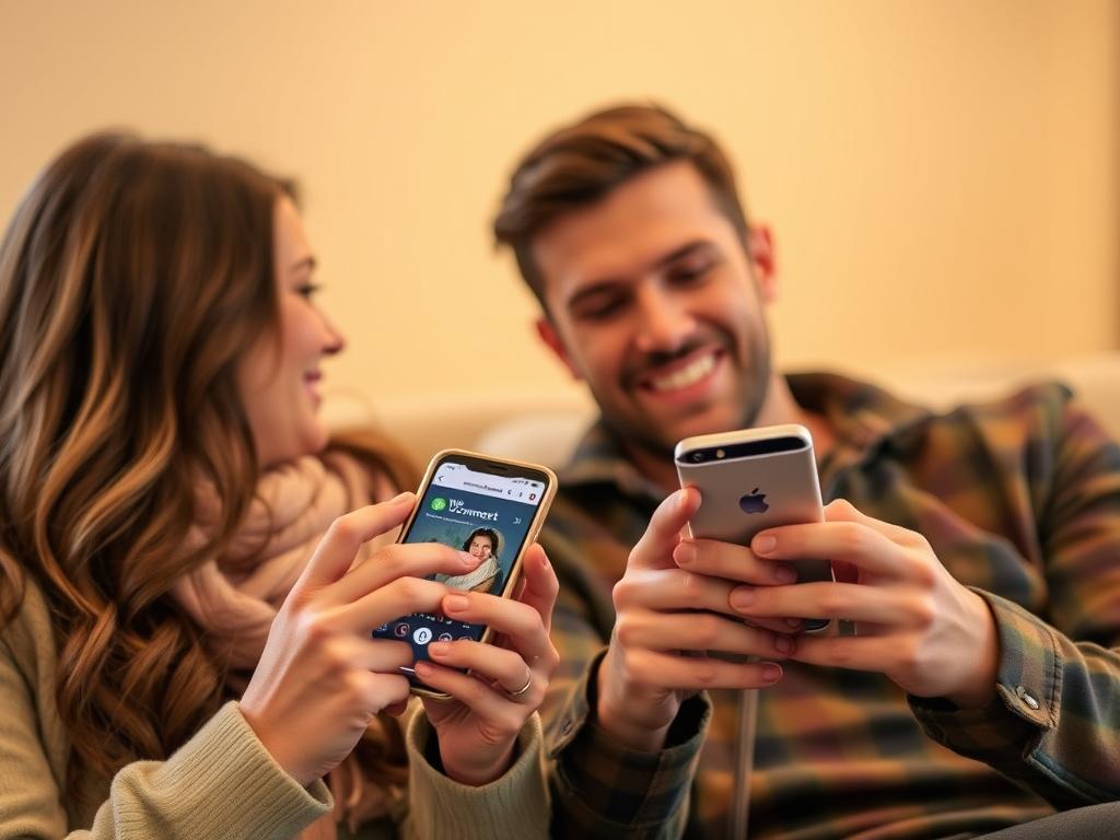 Generate an image of the We-Connect app in use by a couple.