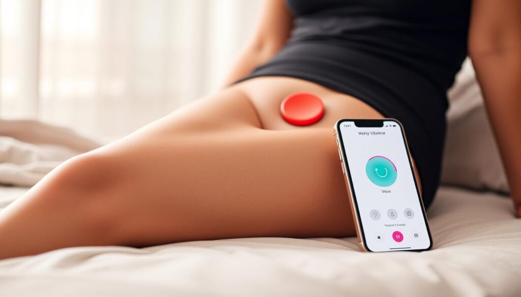 Generate an image of the We-Vibe Moxie+ panty vibrator being controlled by a smartphone app.