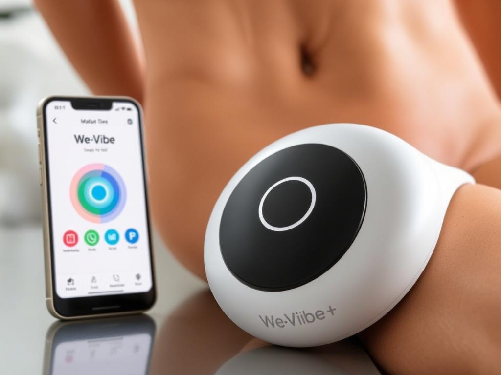 Generate an image of the We-Vibe Moxie+ panty vibrator with its accompanying app on a smartphone, showcasing its sleek design and user-friendly interface.