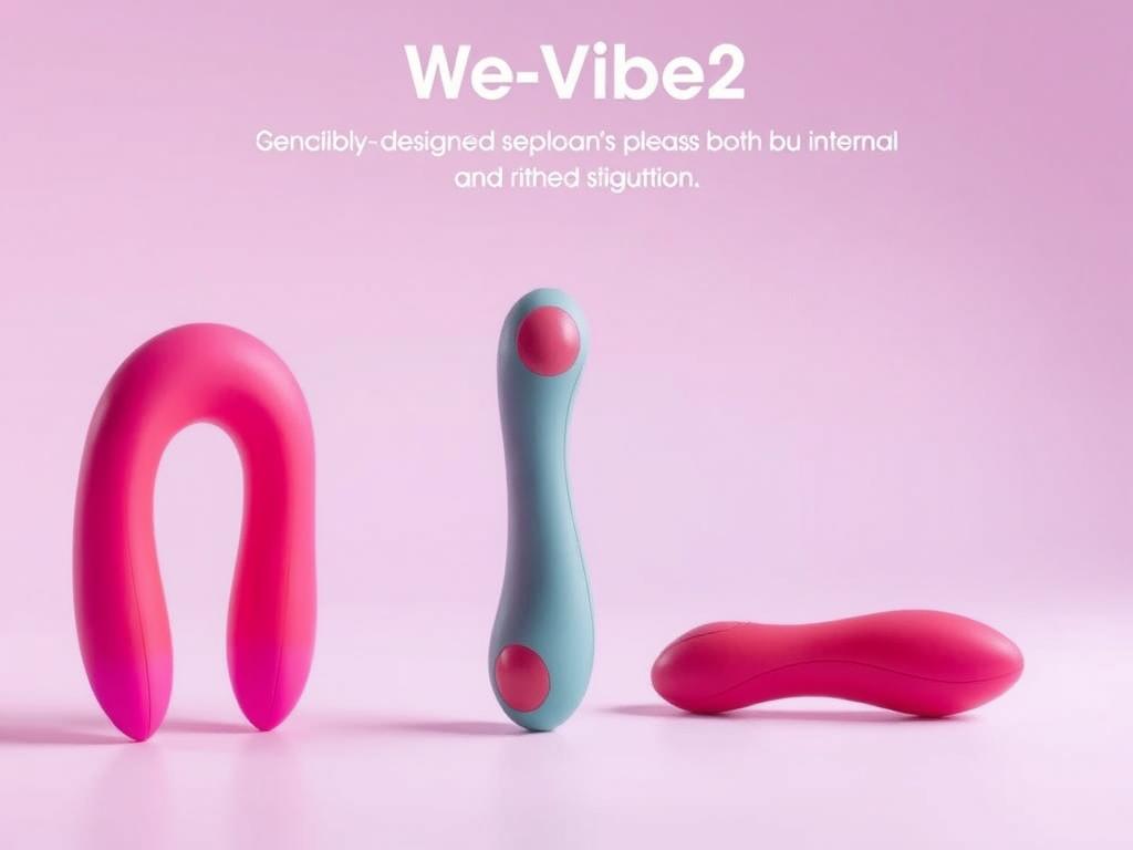 Generate an image of the We-Vibe Sync2, a C-shaped vibrator designed for both internal and external stimulation.