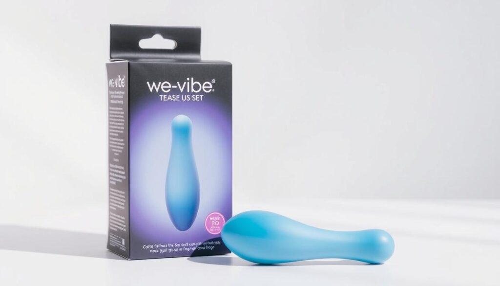 Generate an image of the We-Vibe Tease Us Set product packaging and the toy itself on a clean, minimalist background.