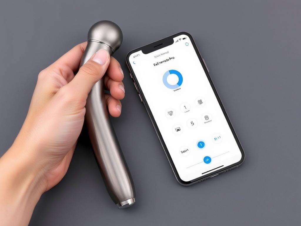 Generate an image of the ZALO Ava Smart Wand Massager, highlighting its compact design and the ZALO Remote Pro app interface.