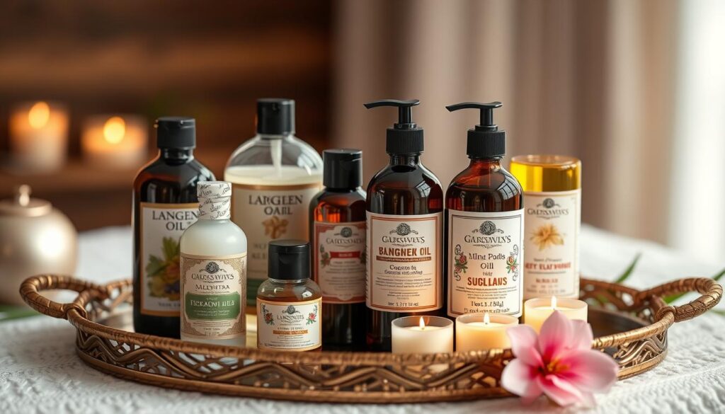 Generate an image of various massage oils and lubricants on a decorative tray, ready for use.
