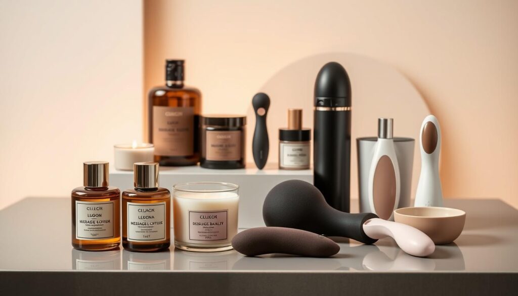 High-end, luxurious sexual wellness accessories arranged artfully on a sleek, modern, and minimalist background. In the foreground, a set of elegant, designer-quality massage oils, lotions, and candles in muted, earthy tones. In the middle ground, a selection of premium, discreet vibrators and other intimate devices with a soft, velvety finish. In the background, a backdrop of soft, neutral colors and clean, geometric shapes, creating a sense of tranquility and sophistication. The lighting is soft and diffused, highlighting the premium, high-quality nature of the products. The overall mood is one of refined, elevated sensuality and wellness.