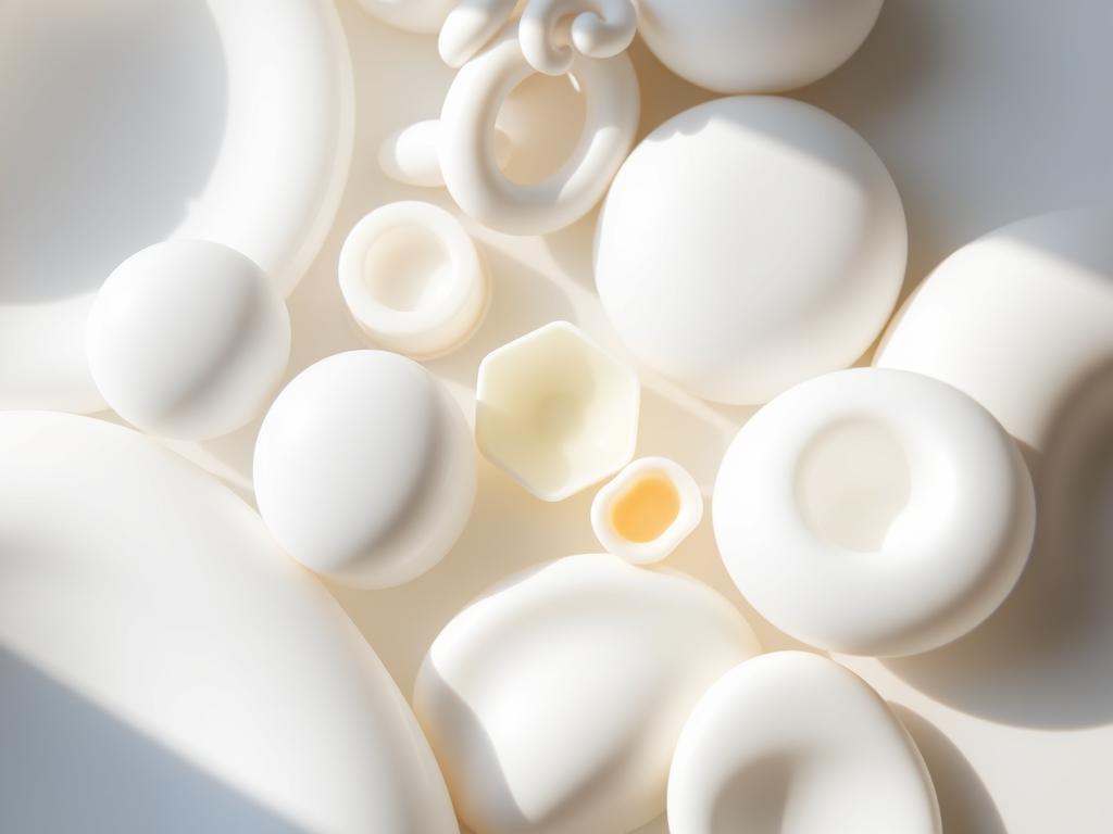 High-quality close-up shot of various non-porous, hypoallergenic materials suitable for sensitive skin, such as medical-grade silicone, polypropylene, and thermoplastic elastomer. The materials are arranged in an organized, visually appealing layout, with soft, natural lighting illuminating the smooth, uniform surfaces. The image has a clean, clinical aesthetic, conveying a sense of safety, durability, and suitability for use in products intended for sensitive skin. The composition emphasizes the materials' key properties of non-porosity, hypoallergenicity, and tactile softness.