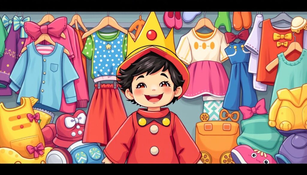 Image of a child dressed in a costume, with various dress-up clothes and accessories nearby.