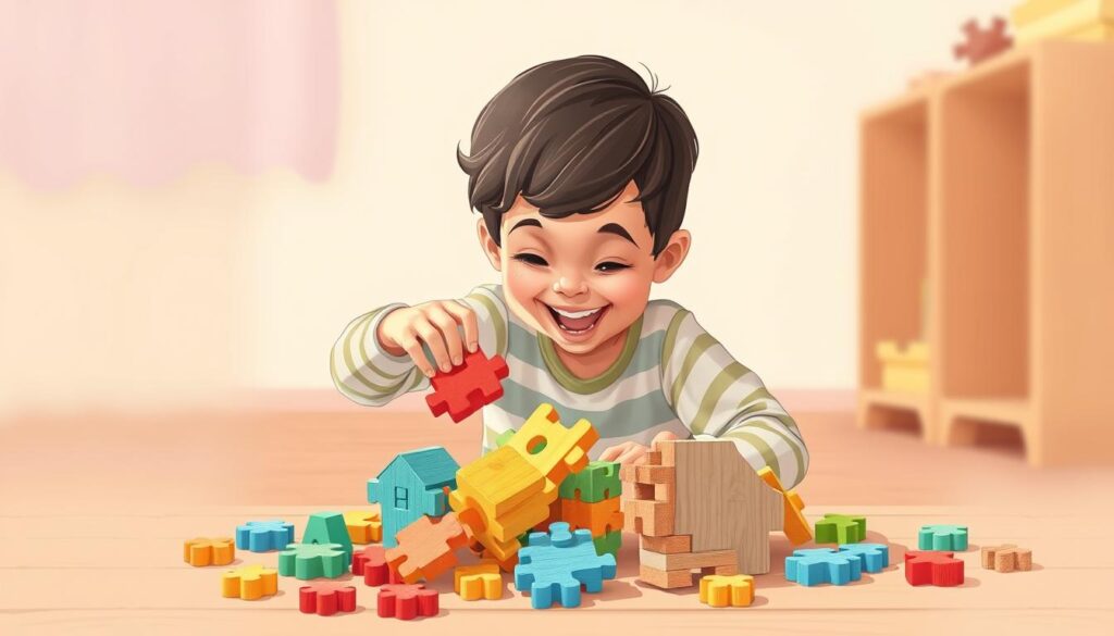 Image of a child engaged with a 3D wooden puzzle