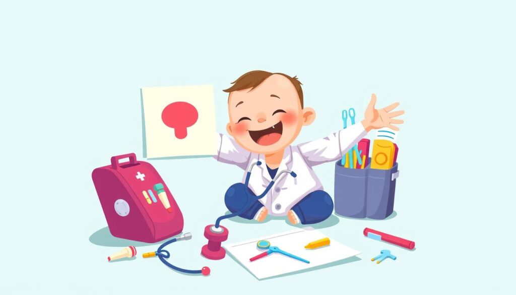 Image of a child playing with a doctor's kit, complete with a stethoscope and medical tools.