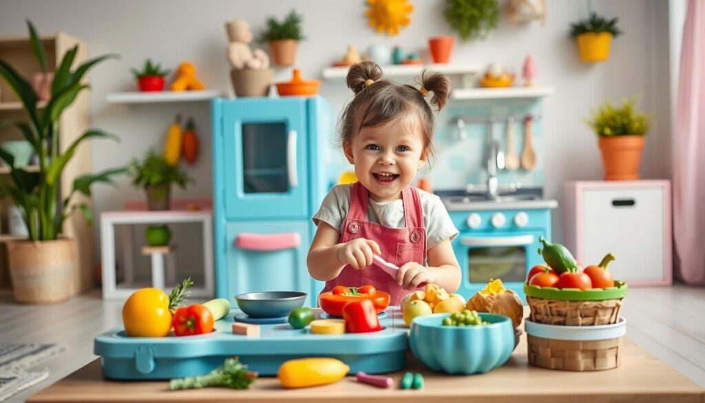 Image of a child playing with a kitchen playset, surrounded by play food and cooking utensils.