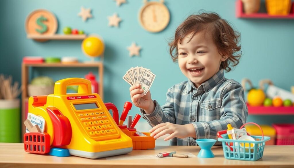 Image of a child playing with a shopping set, using play money and a cash register.