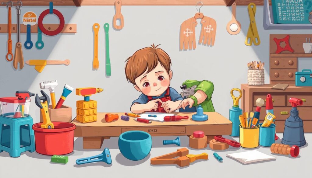 Image of a child using a tool kit and workbench, with various toy tools and materials.