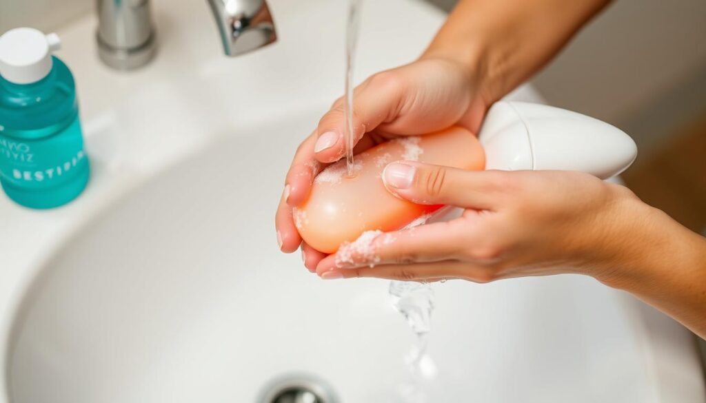 Image of a person cleaning an anal toy with soap and water