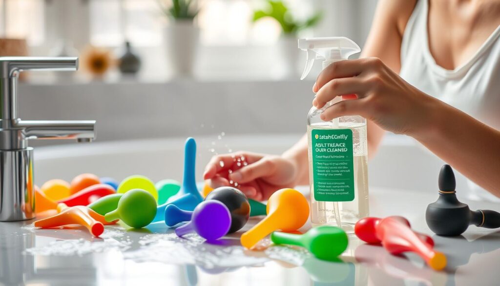 Image of a person cleaning sex toys with a gentle cleanser