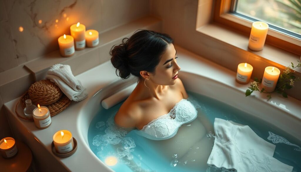 Image of a woman relaxing in a bath with a sex toy beside her