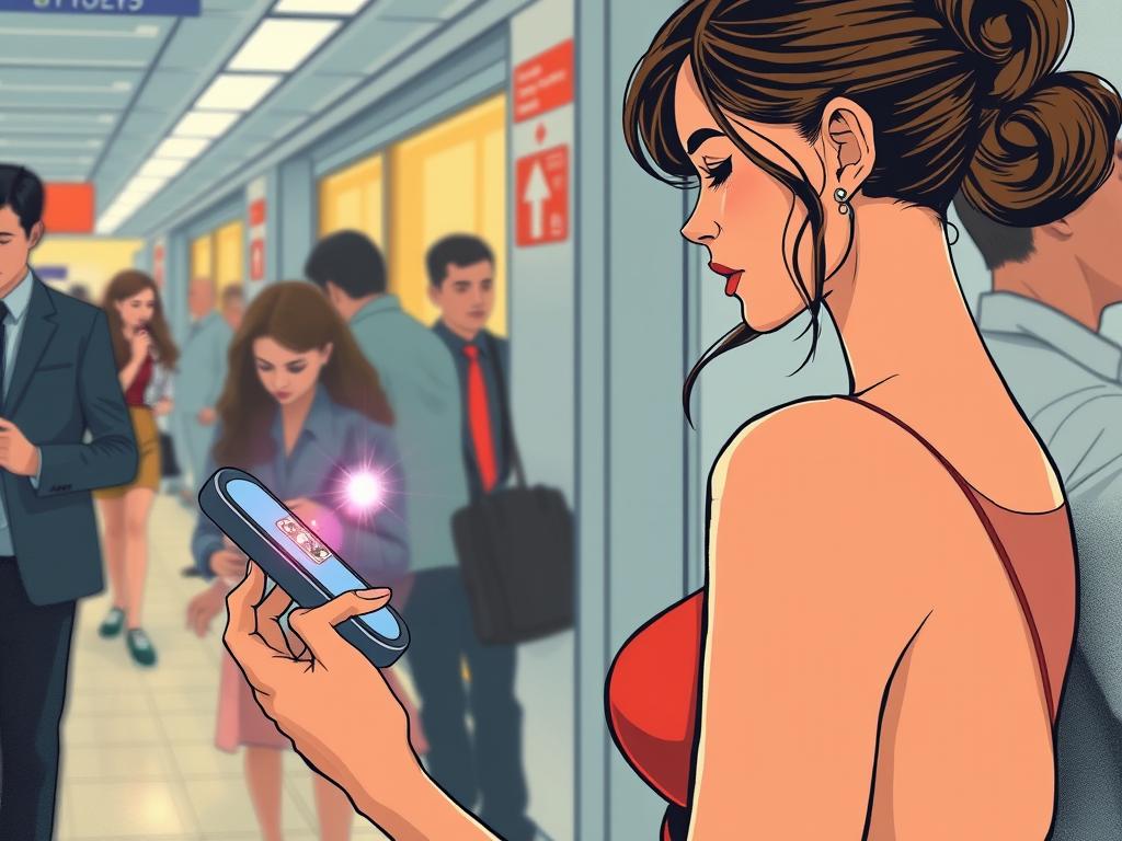 Image of a woman using a remote-controlled vibrator discreetly.