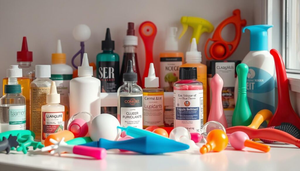 Image of various lubricants and sex toys