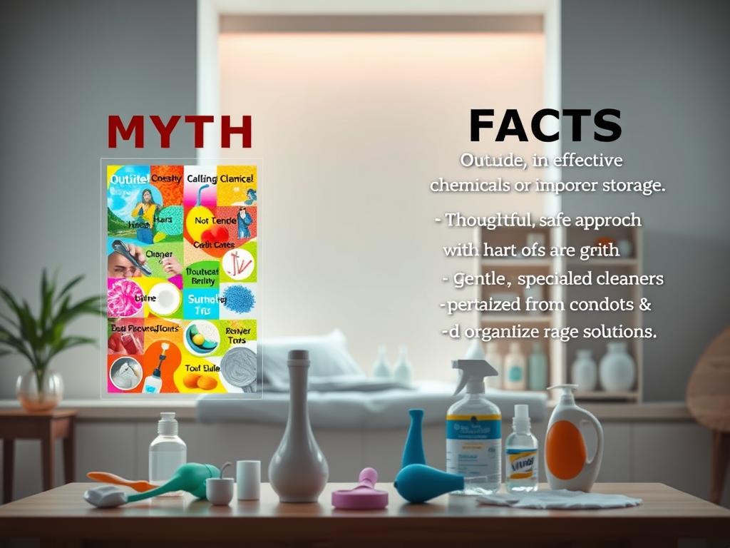 In a serene, well-lit room, two contrasting sets of cleaning practices appear side by side. On the left, a vibrant, colorful display showcases the "myths" - outdated, ineffective methods like using harsh chemicals or improper storage. On the right, the "facts" shine through, highlighting a thoughtful, safe approach with gentle, specialized cleaners and organized storage solutions. The foreground features the key cleaning tools and products, while the background subtly suggests the importance of personal comfort and hygiene. The entire scene conveys a sense of clarity and confidence, inviting the viewer to explore the truth behind effective sex toy cleaning.
