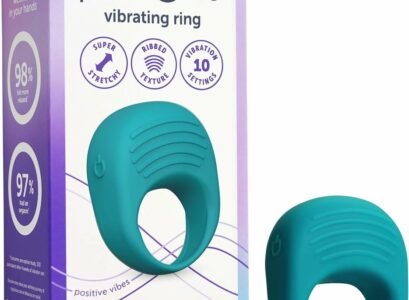 PlusOne Vibrating Cock Ring in its packaging with blue silicone ring visible