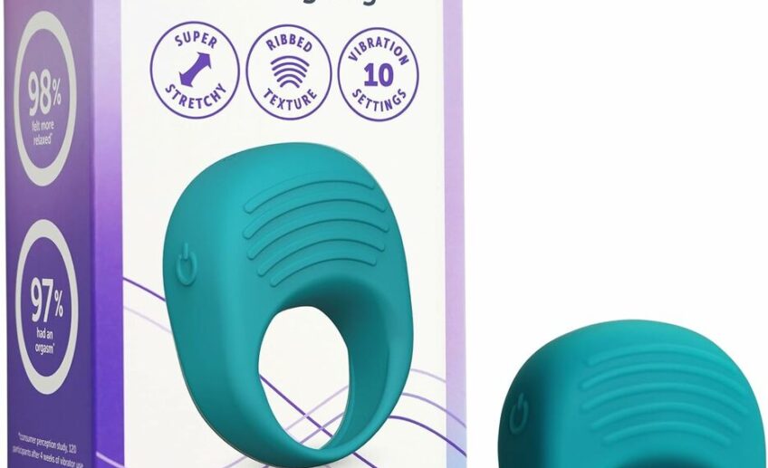 PlusOne Vibrating Cock Ring in its packaging with blue silicone ring visible