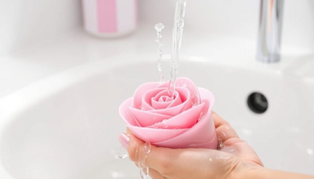 Plusone Rose Vibrator being cleaned under running water to demonstrate waterproof properties Plusone Rose Vibrator being cleaned under running water to demonstrate waterproof properties