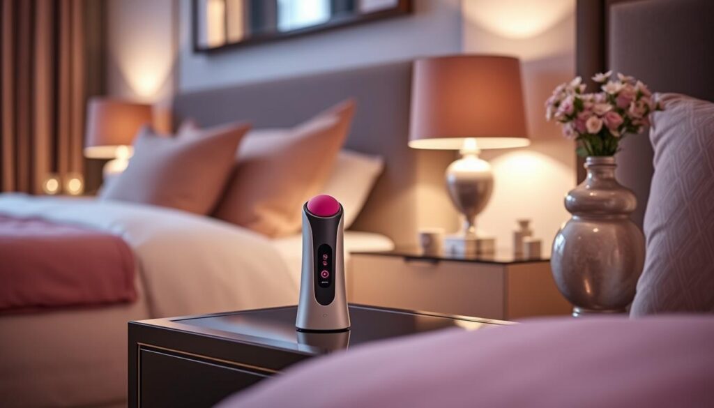 Plusone Rose Vibrator in an elegant bedroom setting showing its discreet aesthetic appeal Plusone Rose Vibrator in an elegant bedroom setting showing its discreet aesthetic appeal