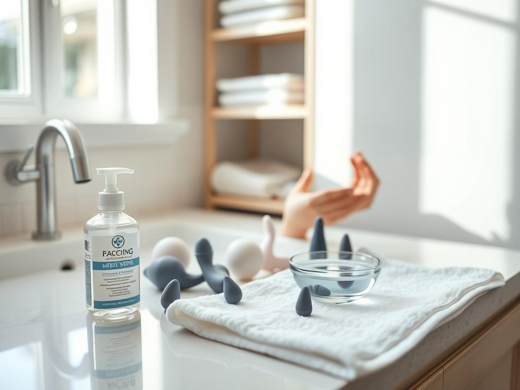Preparing to clean personal items: A well-lit bathroom counter, soft natural light filtering through a window. In the foreground, a clean, white towel is laid out, alongside a selection of sanitizing wipes, mild soap, and a small bowl of warm water. In the middle ground, hands carefully select and arrange the items to be cleaned, from sleek silicone toys to delicate glass pieces. The background features a neatly organized shelf, hinting at a tidy, organized space dedicated to self-care. The scene conveys a sense of calm, attentive preparation, ready to ensure the thorough and hygienic cleaning of intimate personal items.