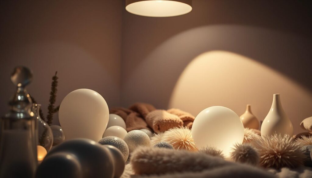 Sensory playground: An intimate, softly lit scene showcases an array of pleasure-inducing objects. In the foreground, smooth glass sculptures and silicone textures invite touch, while in the middle ground, luxurious fabrics and faux fur beckon to be stroked. Strategically placed overhead lighting casts intriguing shadows, creating an atmosphere of curiosity and anticipation. The background features a minimalist backdrop, allowing the featured sensations to take center stage. This image evokes a sense of exploration, where the senses are awakened and the imagination is ignited.