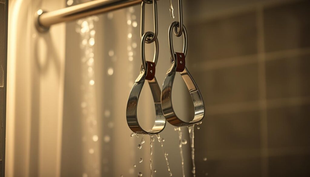 Shower bondage play cuffs, sleek and chrome, dangling from a rain-soaked shower curtain rod. Warm water cascades over the metal, creating a sensual, wet atmosphere. The cuffs are open, inviting, hinting at the thrilling possibilities of restricted movement and heightened sensation. Soft, diffused lighting casts a sultry glow, while the steamy background blurs the edges, focusing the viewer's attention on the central bondage accessories. An air of mystery and anticipation permeates the scene, promising a transformative, water-based encounter.