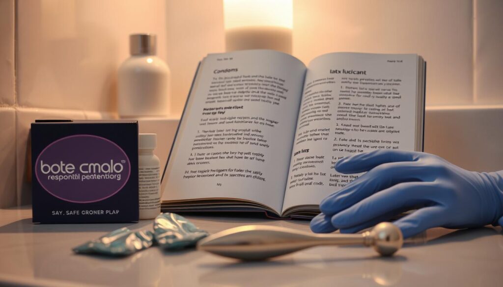 Soft, muted lighting illuminates a clean, hygienic bathroom setting. In the foreground, an array of safe, responsible anal play essentials are neatly arranged - condoms, water-based lubricant, latex gloves, and a sterilized metal anal toy. The middle ground features an open book providing educational information on proper hygiene protocols and techniques. In the background, a soothing, neutral-toned color palette and minimalist decor create a calming, reassuring atmosphere that emphasizes the importance of safety and well-being when exploring intimate personal pleasures.