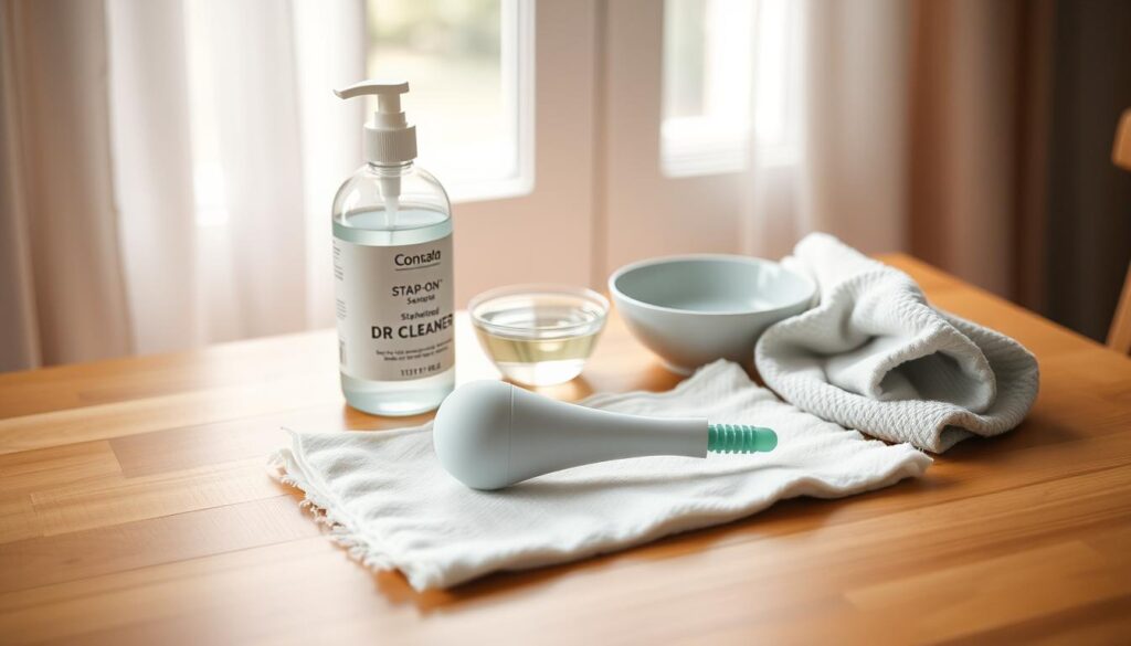 Soft, pastel-toned image depicting a wooden table with clean, well-organized strap-on accessories. In the foreground, a sanitized strap-on dildo sits atop a plush cloth, accompanied by a bottle of sex-toy cleaner and a rolled up condom. The middle ground showcases a small bowl of water and a soft, lint-free cloth for cleaning purposes. The background features a window with soft, diffused natural lighting, creating a serene, welcoming atmosphere. The overall scene conveys a sense of thoughtfulness, care, and attention to safety and hygiene for an intimate strap-on experience.
