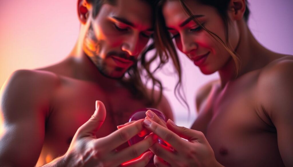 Two people of diverse gender identities engaging in mutual masturbation, with a vibrant and warm lighting highlighting their connected bodies and faces. The foreground shows their hands and intimate zones, with subtle details and textures. The middle ground reveals their expressions of pleasure and intimacy. The background is softly blurred, creating a sense of privacy and focus on the shared experience. The scene conveys a mood of sensual exploration, comfort, and the empowering benefits of mutual self-pleasure.