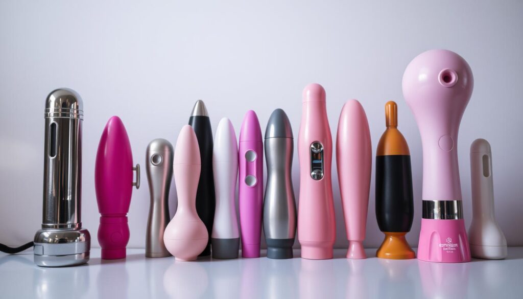 Two rows of adult pleasure products, with classic and modern designs side by side. In the foreground, a vintage-style vibrator with a sleek, chrome exterior contrasts with a contemporary dual-action toy in pastel silicone. The middle ground features a range of sizes and shapes, showcasing the evolution of personal massagers. In the background, a soft, diffused lighting creates an intimate, sensual atmosphere, highlighting the nuanced textures and subtle differences between the classic and modern designs. The image conveys a sense of progression, highlighting how pleasure products have become more sophisticated, discreet, and technologically advanced over time.