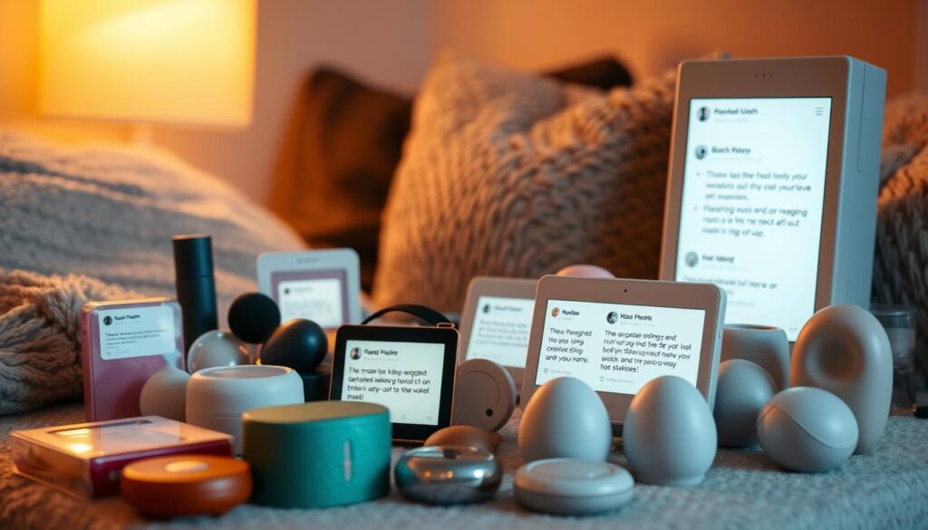 Warm, soft lighting illuminates an array of budget-friendly pleasure products, each displayed with a collection of user reviews scrolling across their surfaces. The foreground features a diverse selection of compact, subtly-designed items, while the background showcases a cozy, inviting space filled with plush textures and muted tones. The overall atmosphere evokes a sense of intimacy, authenticity, and practical accessibility, capturing the essence of the "User Reviews and Practical Experiences" section.