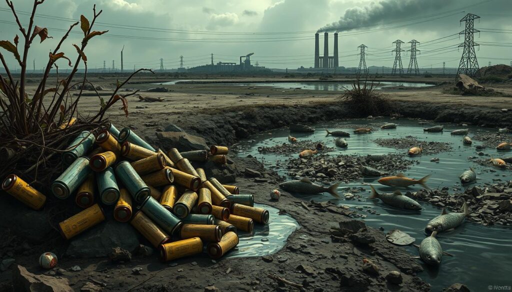 a detailed digital illustration depicting the environmental impact of discarded toy batteries. in the foreground, a pile of used and corroded alkaline batteries spilling toxic chemicals into the soil, surrounded by dead and withering plants. in the middle ground, a polluted stream or pond with floating battery fragments, and fish and aquatic life struggling to survive. in the background, a bleak, desolate landscape with industrial smokestacks and power lines, symbolizing the broader environmental damage caused by improper battery disposal. the scene is rendered in a gritty, realistic style with a muted, somber color palette to convey the gravity of the situation. dramatic low-angle lighting casts long shadows, enhancing the sense of gloom and environmental degradation.