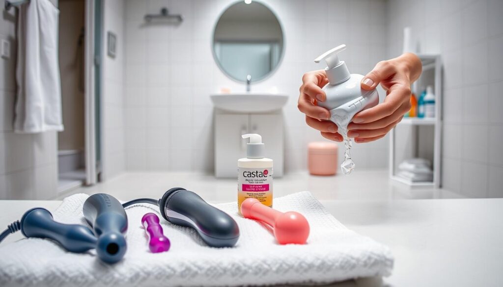 a detailed illustration of basic cleaning methods for intimate products, seen from an elevated angle in a clean, well-lit bathroom setting. In the foreground, various sex toys and accessories, such as a vibrator, dildo, and lubricant, are displayed on a white towel. In the middle ground, a person's hands are shown carefully cleaning the products with a mild soap and warm water. The background depicts the bathroom interior with a tiled floor, sink, and shelves containing additional hygiene items. The image conveys a sense of importance and care in maintaining the cleanliness and safety of intimate products.