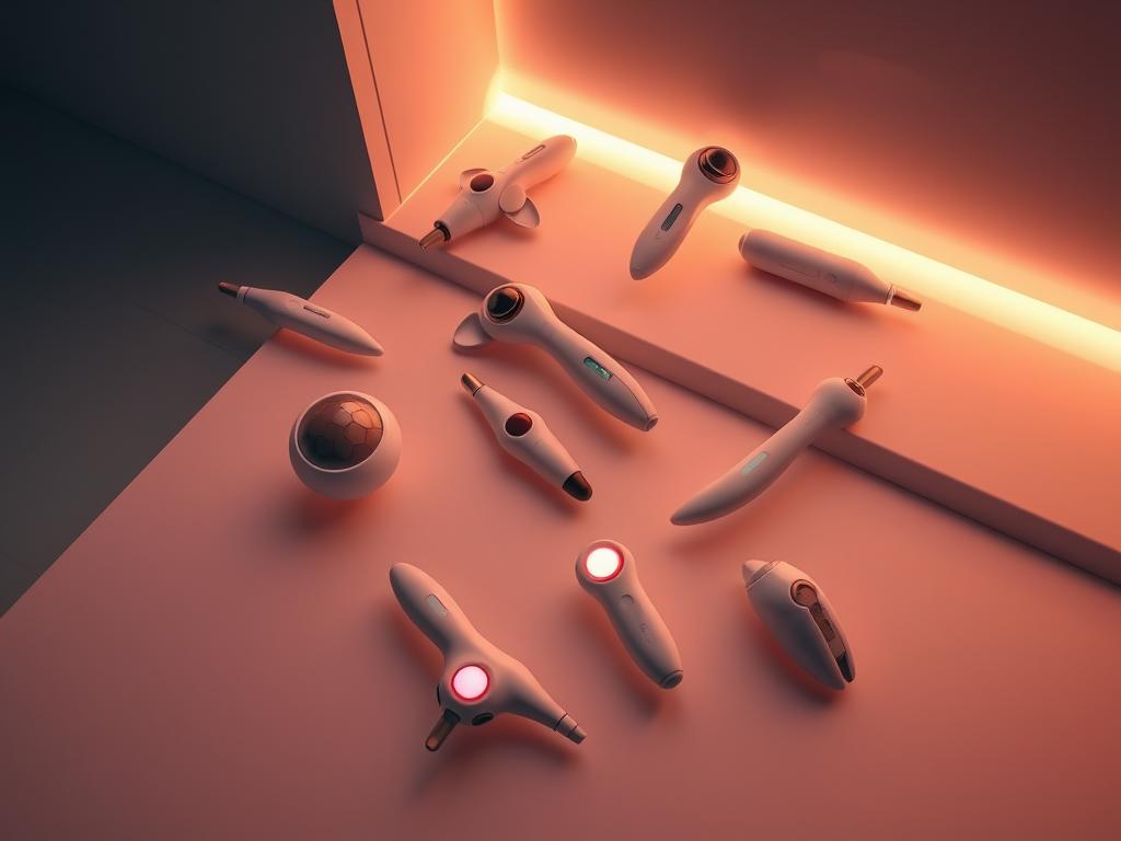 a high-angle view of a collection of futuristic-looking long-distance sex toys floating in a sleek, minimalist setting with soft, warm lighting and a muted color palette, conveying a sense of intimacy, connection, and technological innovation