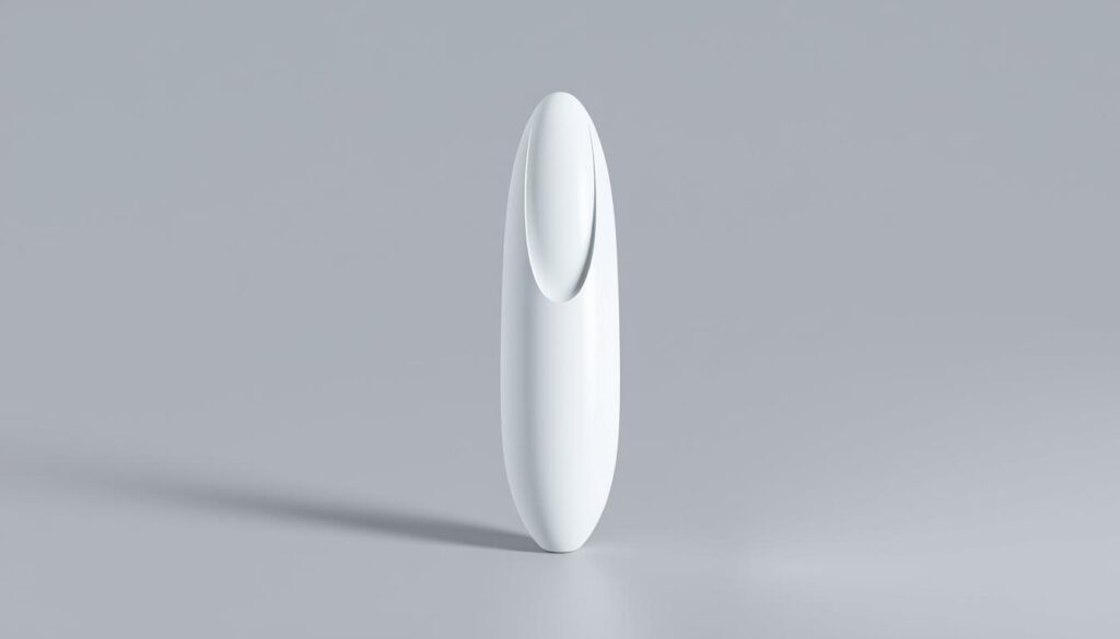 a high-quality, detailed 3D render of a silicone bullet vibrator, photographed in a soft, indirect light against a plain gray background. The vibrator is centered in the frame, showcasing its smooth, seamless design with subtle contours and a tapered tip. The material has a slight sheen, conveying a premium, high-end aesthetic. The lighting creates soft shadows that accentuate the form, giving a sense of depth and dimension. The overall mood is clean, sophisticated, and focused on highlighting the technical specifications and design of the vibrator.