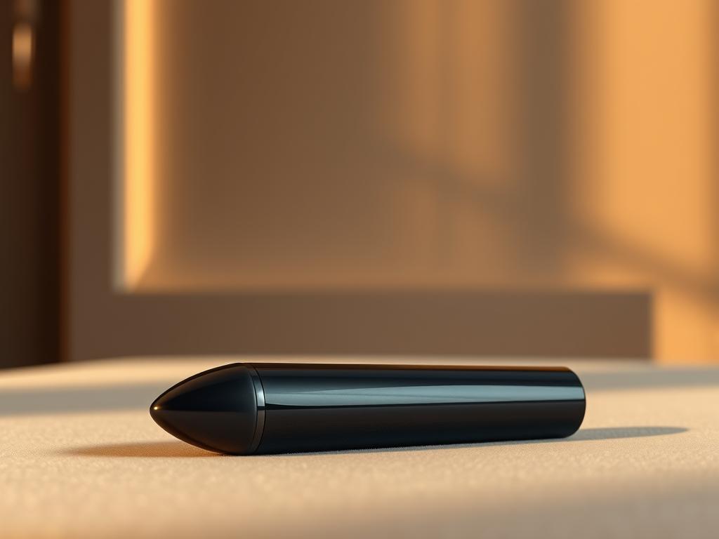a highly detailed, hyper-realistic, 4k resolution image of a sleek, modern remote-controlled bullet vibrator. The vibrator is shown in the foreground, resting on a soft, velvet-like surface. The middle ground features a minimalist, elegant background with subtle lighting and shadows, creating a sophisticated and sensual atmosphere. The vibrator is depicted with a glossy, reflective surface, highlighting its high-tech, discreet design. The image is captured from a slightly elevated angle, emphasizing the vibrator's form and functionality. Warm, indirect lighting bathes the scene, casting gentle shadows and highlights to accentuate the vibrator's contours and curves.