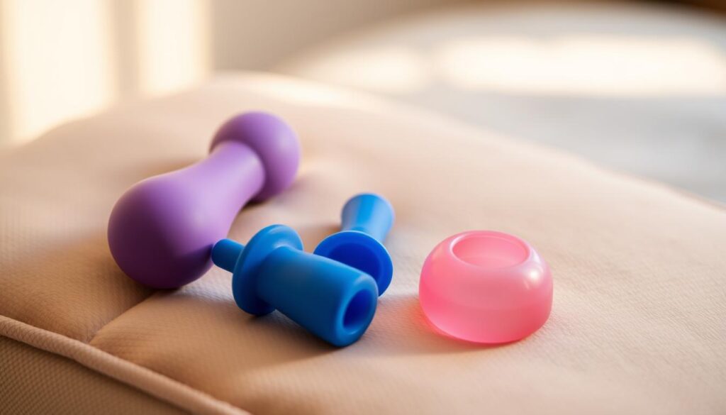 a low-angle macro shot of three budget-friendly sex toys - a small purple vibrator, a blue silicone anal plug, and a pink jelly cock ring - arranged on a soft beige cushion, with a warm and inviting natural lighting illuminating the scene. the toys have a smooth, matte texture and appear approachable and user-friendly. the background is blurred, creating a sense of intimacy and focus on the featured items. the overall mood is discreet, tasteful, and welcoming, conveying the idea of accessible, beginner-friendly options for external intimate pleasure.