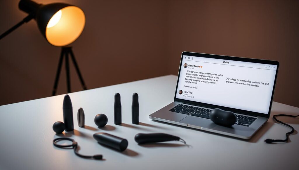 a well-lit studio space with a minimalist desk or table, displaying several discreet yet stylish sex toy products arranged in an aesthetically pleasing manner, accompanied by a laptop or tablet displaying positive customer reviews in a clean, modern interface. The overall atmosphere should convey a sense of professionalism, discretion, and attention to detail, highlighting the high-quality and low-noise nature of the products. The lighting should be soft and flattering, with a warm, inviting tone that creates a sense of comfort and trust. The composition should be balanced and visually appealing, drawing the viewer's attention to the customer testimonials and expert insights showcased.