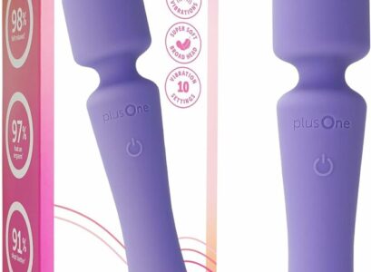 plusOne Wand Vibrator in its packaging showing the sleek design and controls