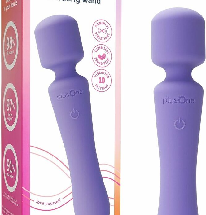 plusOne Wand Vibrator in its packaging showing the sleek design and controls