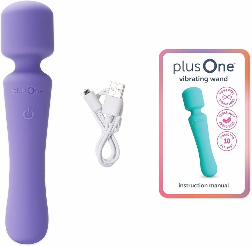 plusOne Wand Vibrator shown next to its storage bag and charging cable plusOne Wand Vibrator shown next to its storage bag and charging cable